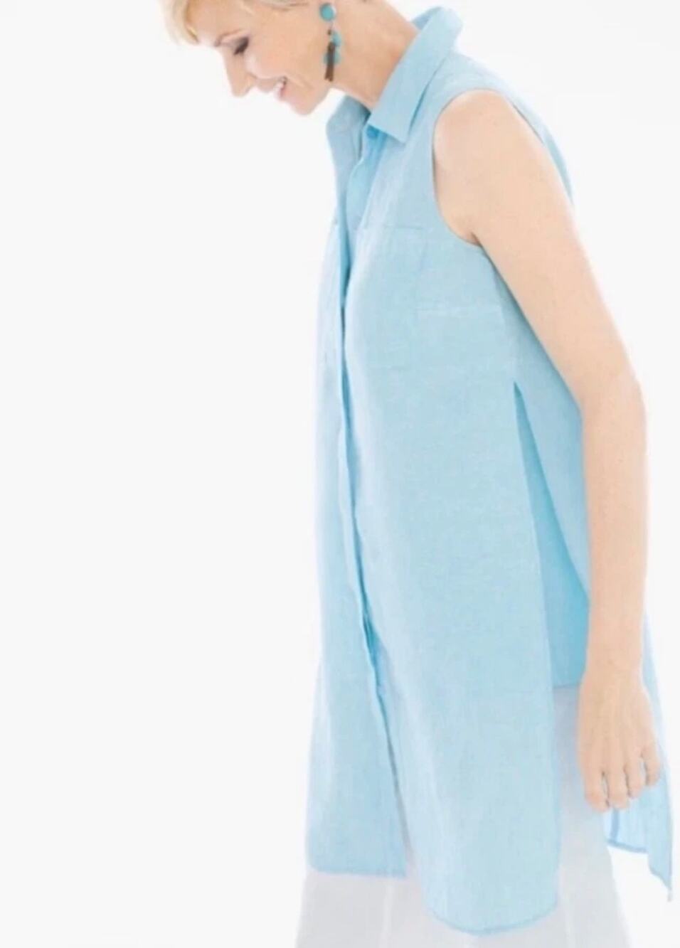 Chico's Linen Tunic Blouse Top Button Up Sleeveless Aqua Chicos 1 US M Lagenlook